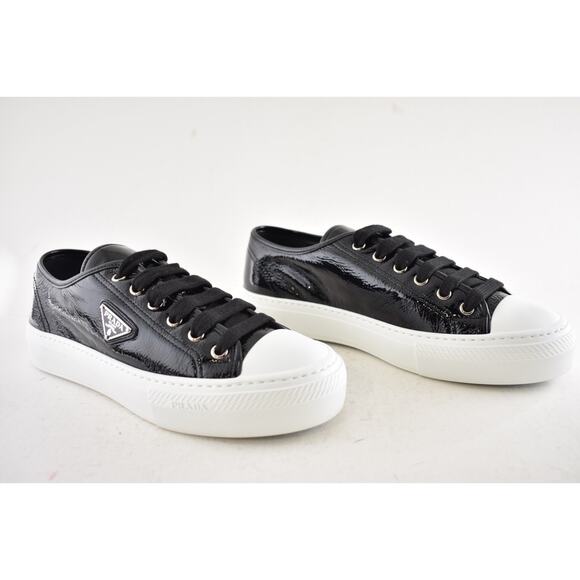Prada Smash Naplak Black White Patent Logo Flat Low Top Trainer Sneaker 39.5 - Picture 4 of 16